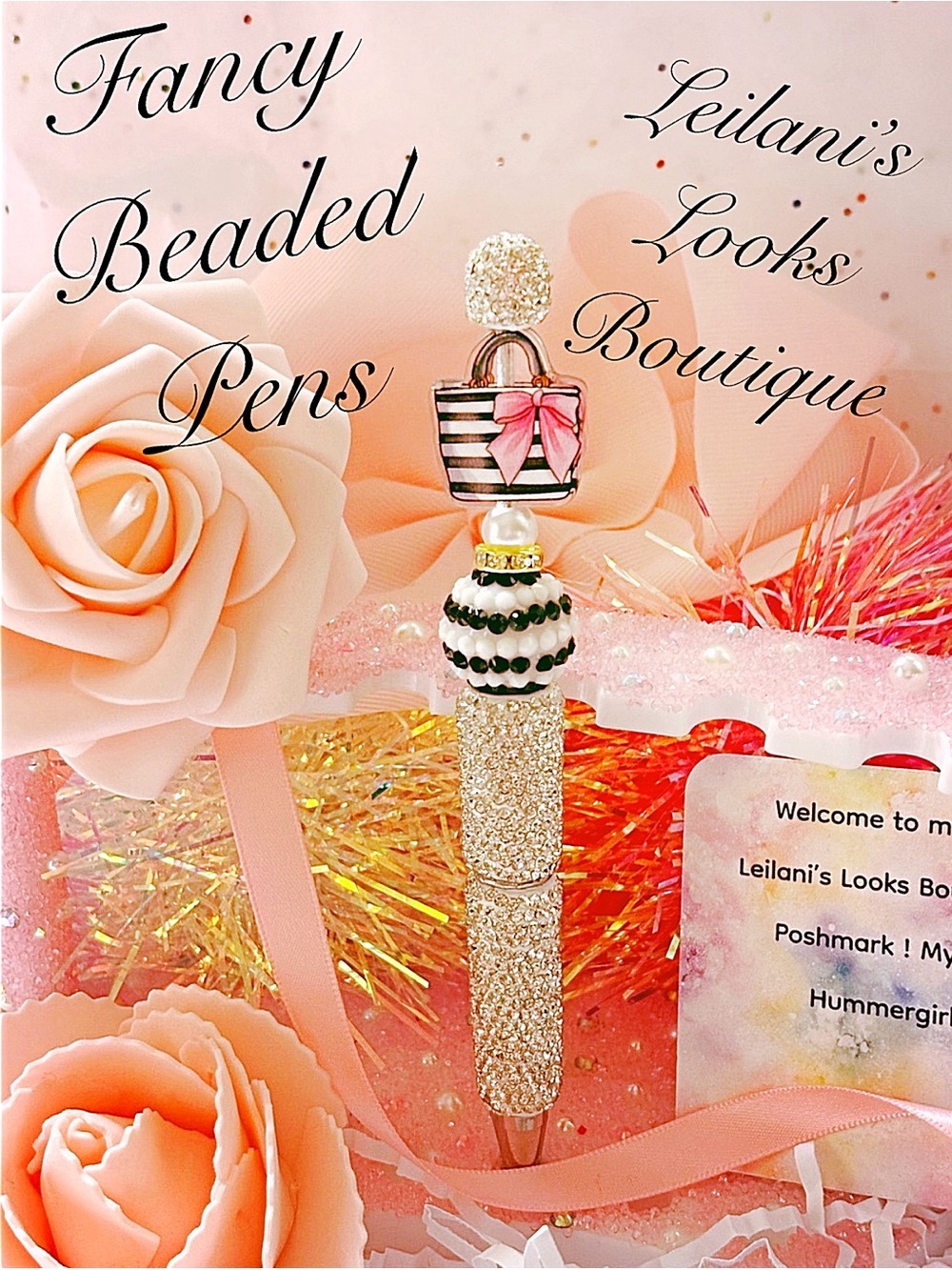 Fancy Beaded Pens
Handmade beaded pens with black & white striped top,